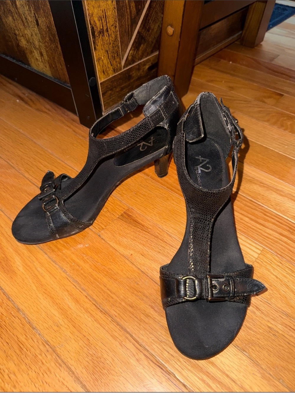 X2 Black T-Strap Kitten Heel Sandals